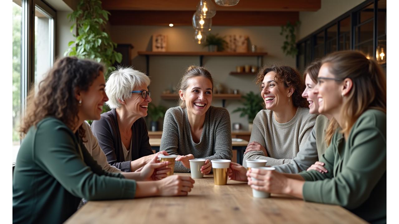 Diverse group of adults 35+ smiling and engaging in conversation around a table, symbolizing community and support