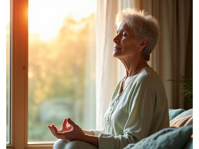 A serene woman in her late 50s meditating by a sunny window, embodying peace and stress reduction.